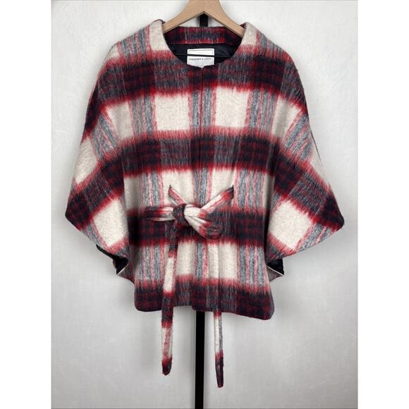 Anthropologie Andersen & Lauth Olivia Cape Women's One Size Red Black Plaid Wool - Picture 2 of 14